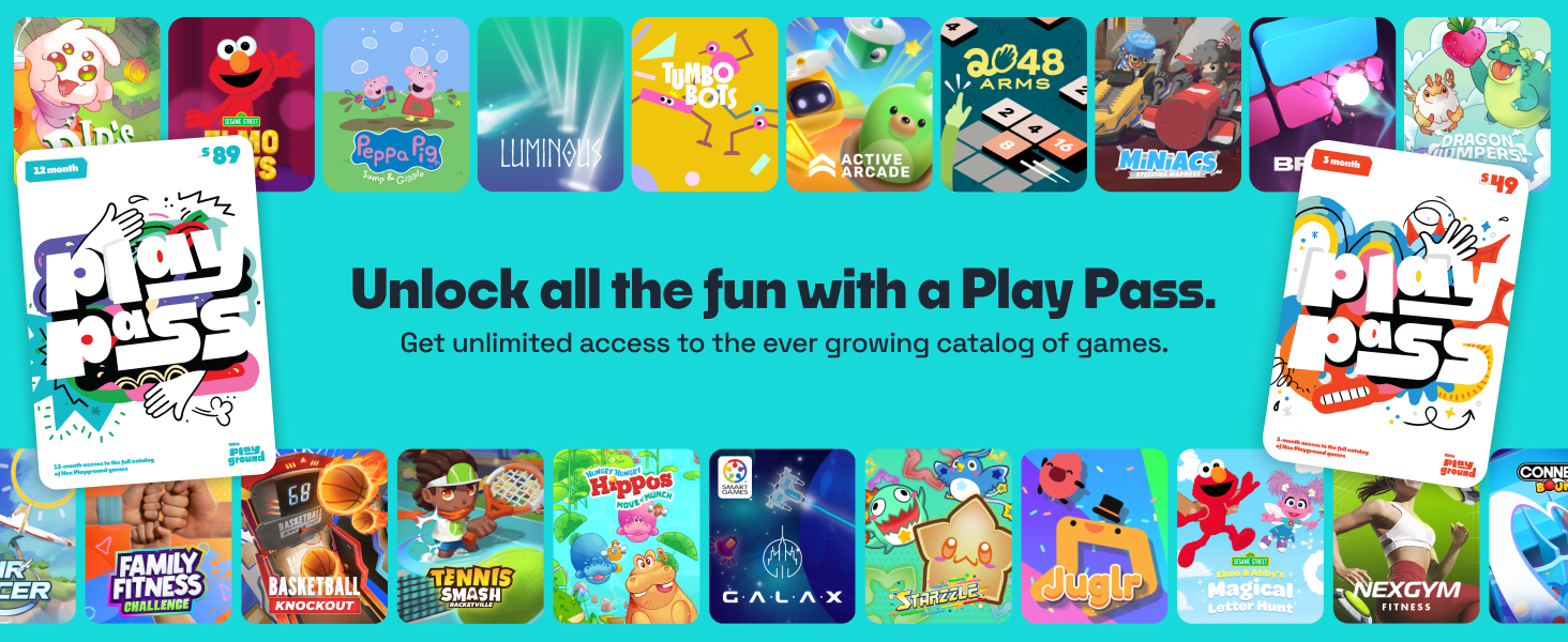Nex is better with Play Pass - 20+ Games from brands such as Sesame Street, Peppa Pig, and Hasbro