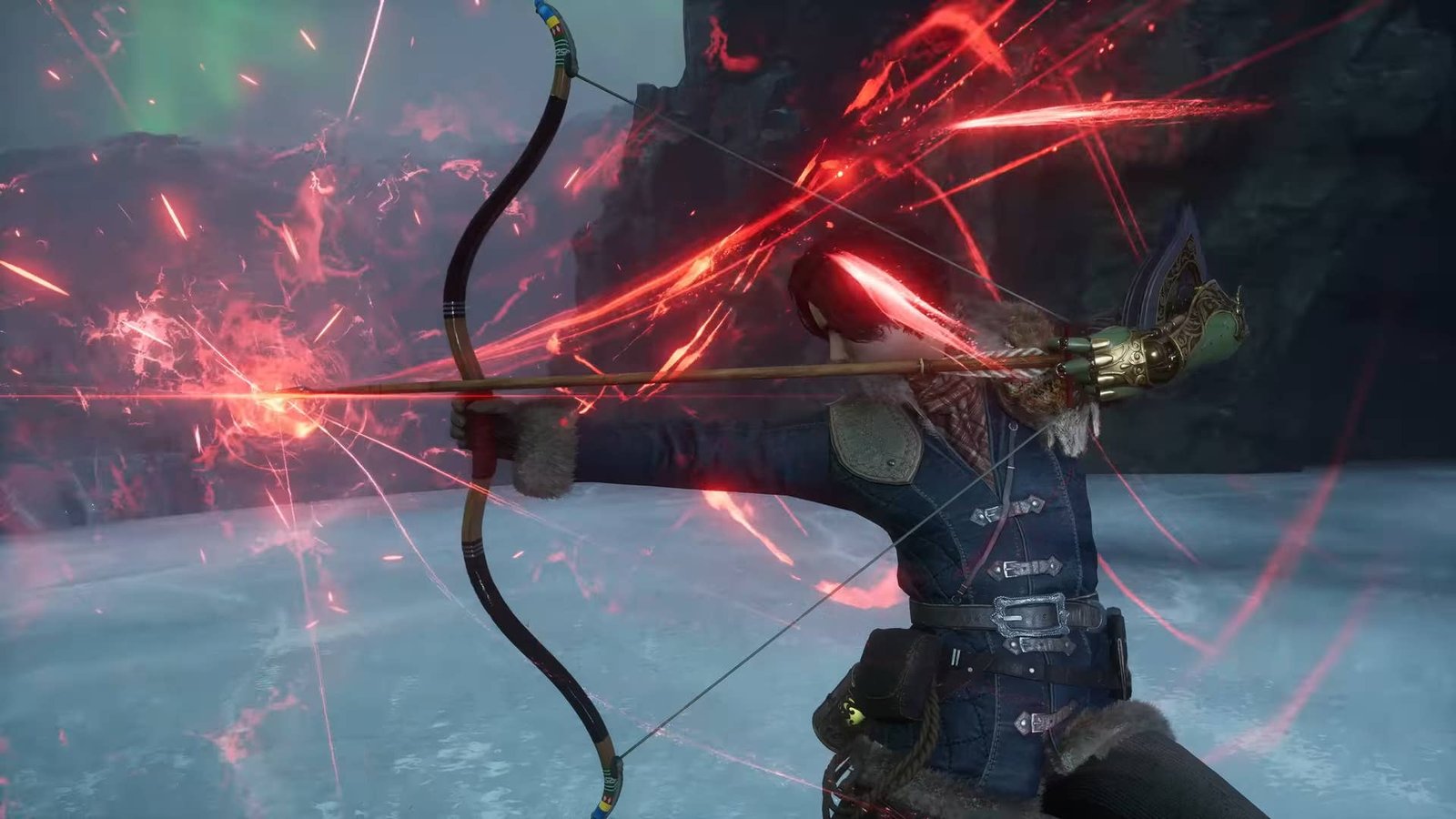 Lies of P Overture trailer screenshot showing puppet protagonist charging up a bow attack with glowing red light