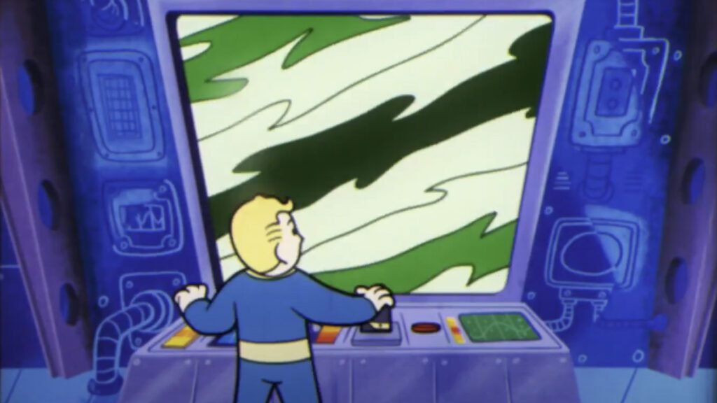 Vault Boy jumping back in surprise as he looks at a malfunctioning monitor.