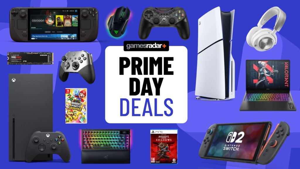 Gaming consoles and accessories on a blue background with Amazon Prime Day badge