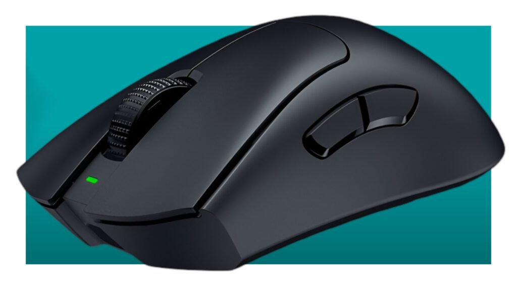 An image of a Razer DeathAdder V3 Pro wireless gaming mouse against a teal background with a white border.