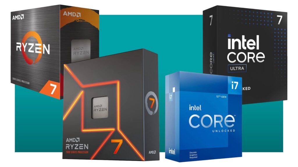 A collage of AMD and Intel CPU retail packaging images against a teal background with a white border