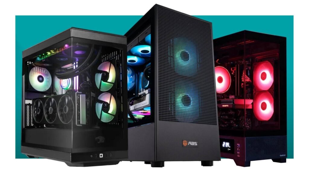 Three gaming PCs on a blue background