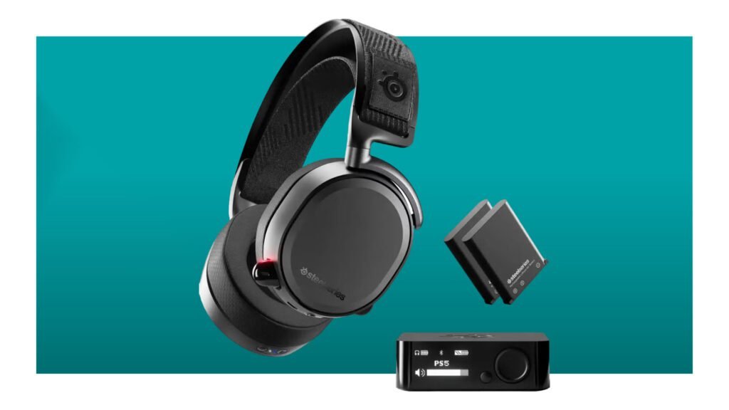 The SteelSeries Arctis Pro Wireless gaming headset, DAC and batteries on a teal deal background