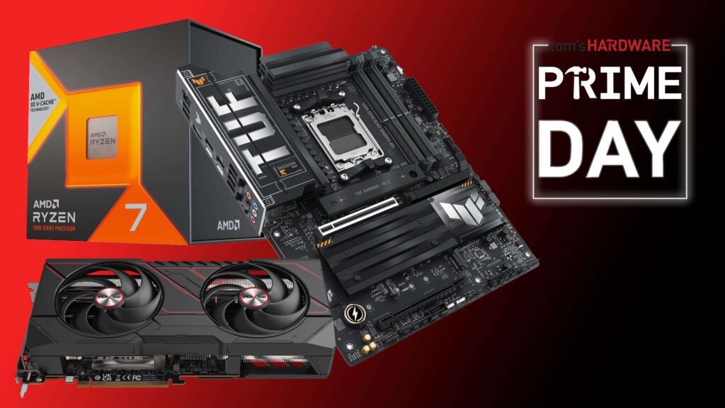 A processor, motherboard, and graphics card next to the Tom's Hardware Prime Day logo