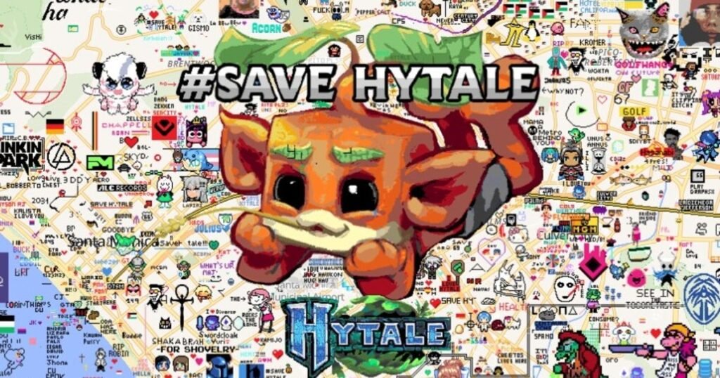 Hytale Fans paint #SaveHytale art over Riot Games' Office on Wplace, protesting its cancellation